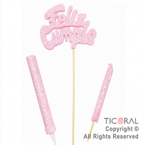 ADORNO DE TORTA SET FELIZ CUMPLE CON BENGALA Y VELA 9 CM GIBRE ROSA x 1